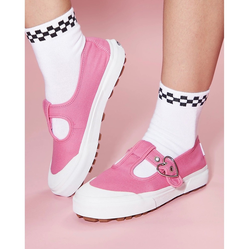 Vans Pink Mary Jane Canvas Sneakers Heart Buckle T-Strap Shoes Womens 5 721278
